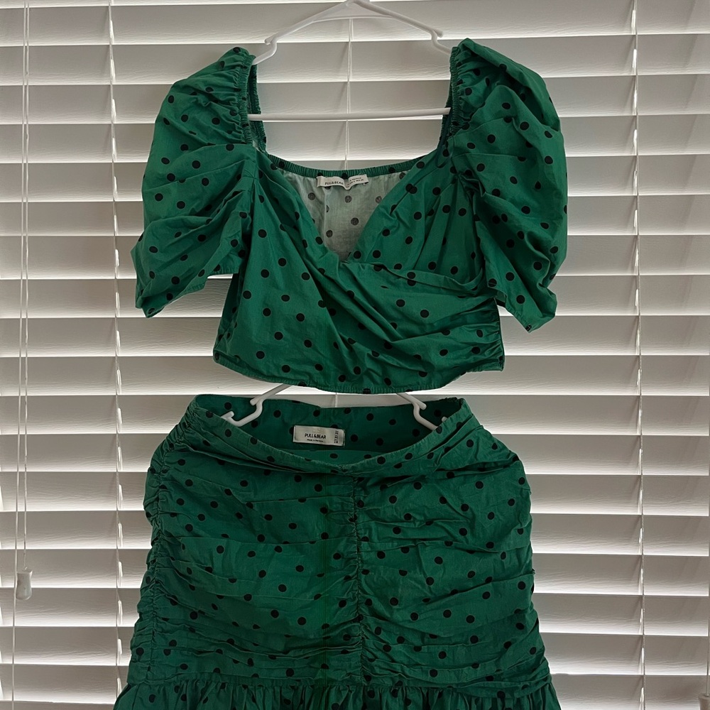 Pull&Bear Green Polka Dot Mini Skirt, costume top and skirt